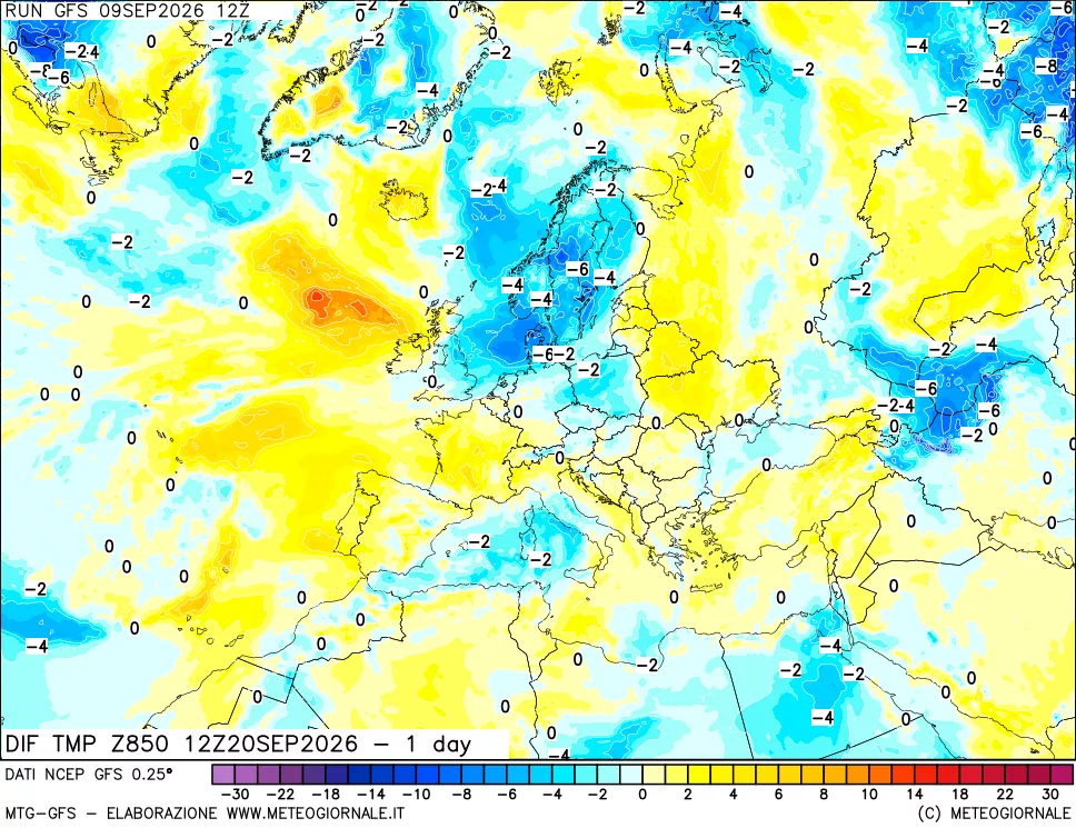 mappa Dif. Temp a 850 hPa Valid - 1 day