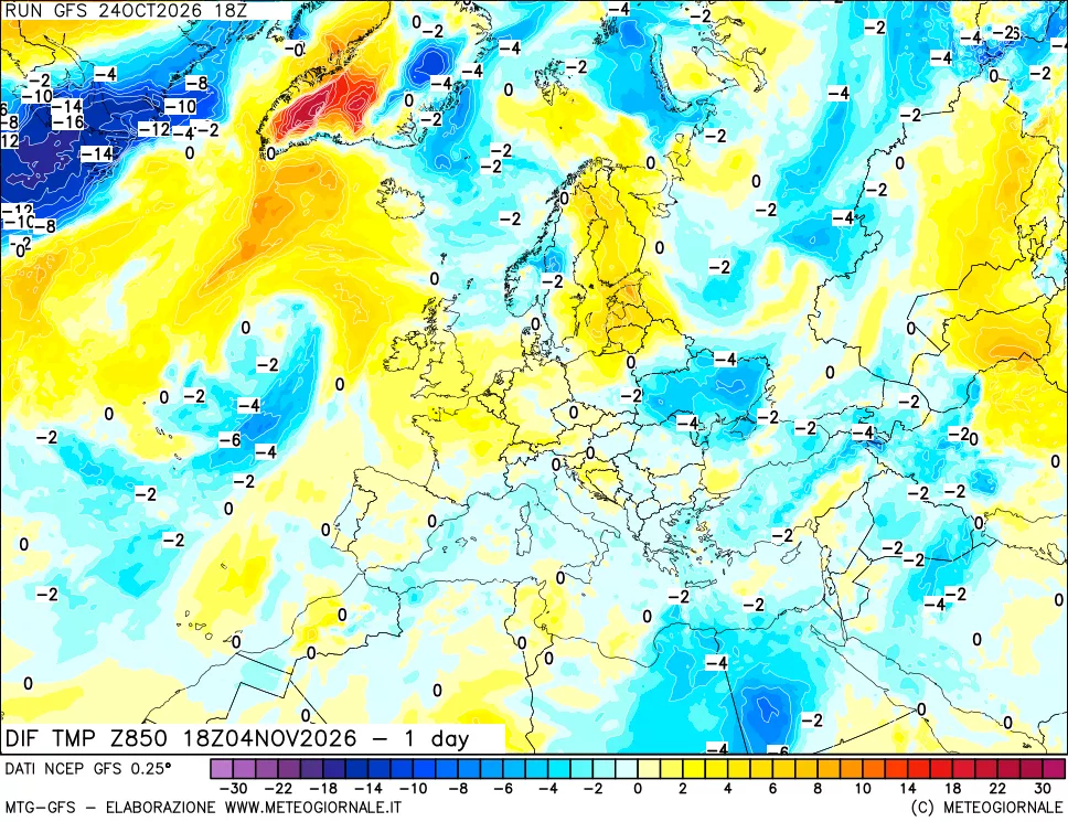 mappa Dif. Temp a 850 hPa Valid - 1 day