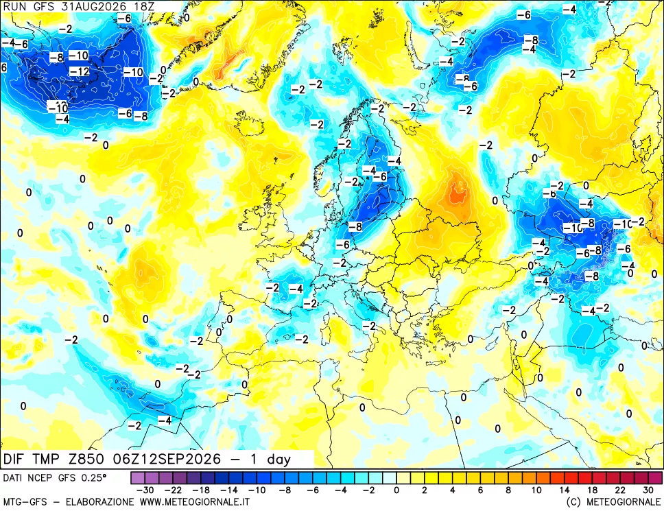 mappa Dif. Temp a 850 hPa Valid - 1 day
