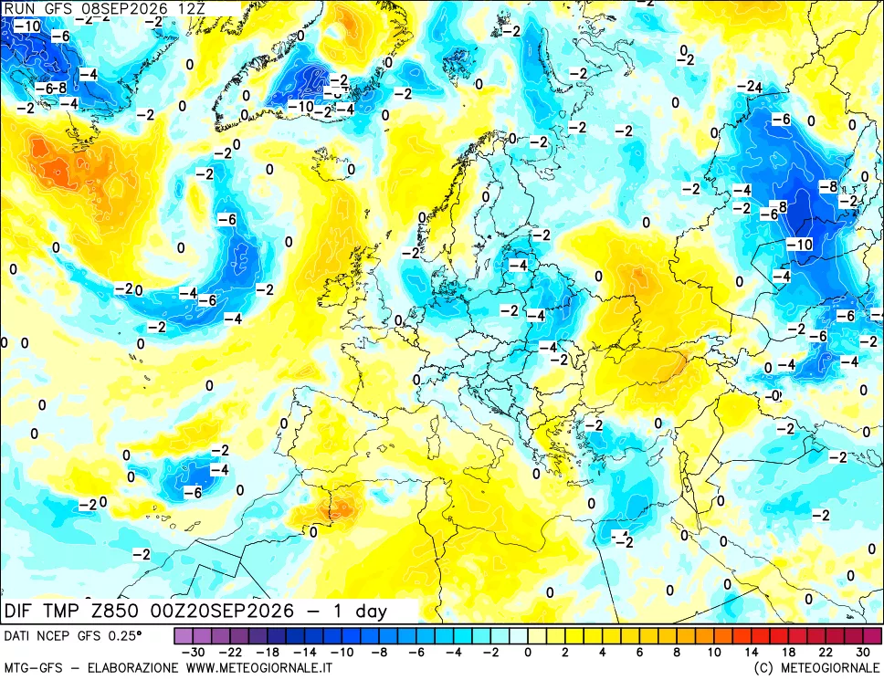 mappa 850 hPA Dif. Temp -24 ore
