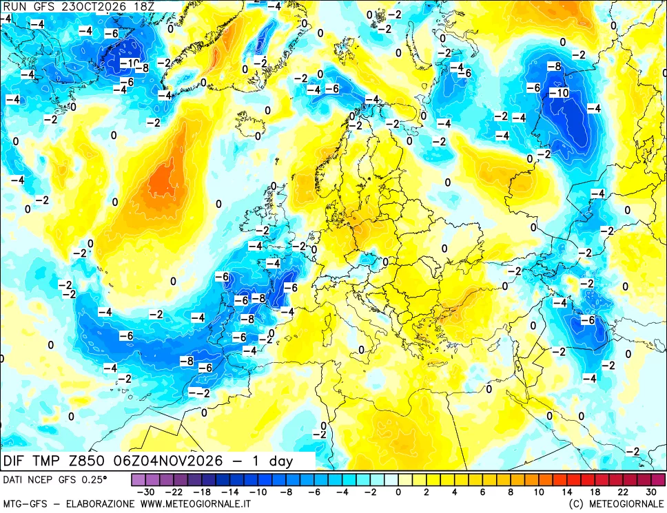 mappa Dif. Temp a 850 hPa Valid - 1 day