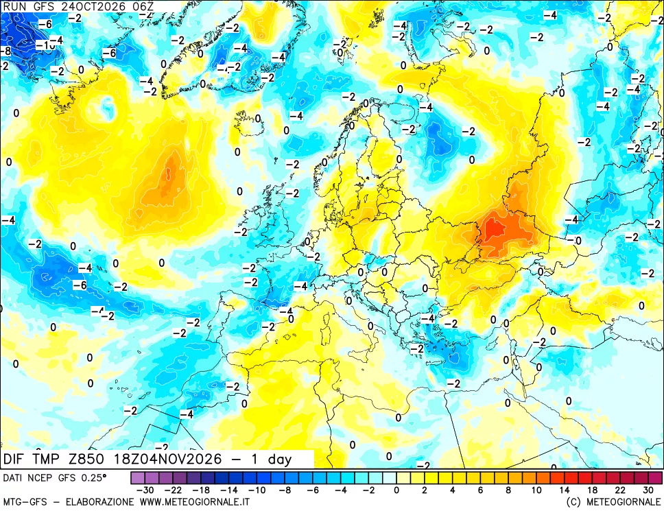 mappa Dif. Temp a 850 hPa Valid - 1 day