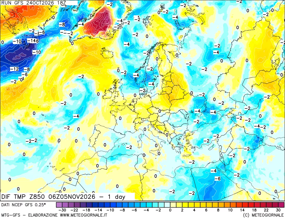 mappa 850 hPA Dif. Temp -24 ore