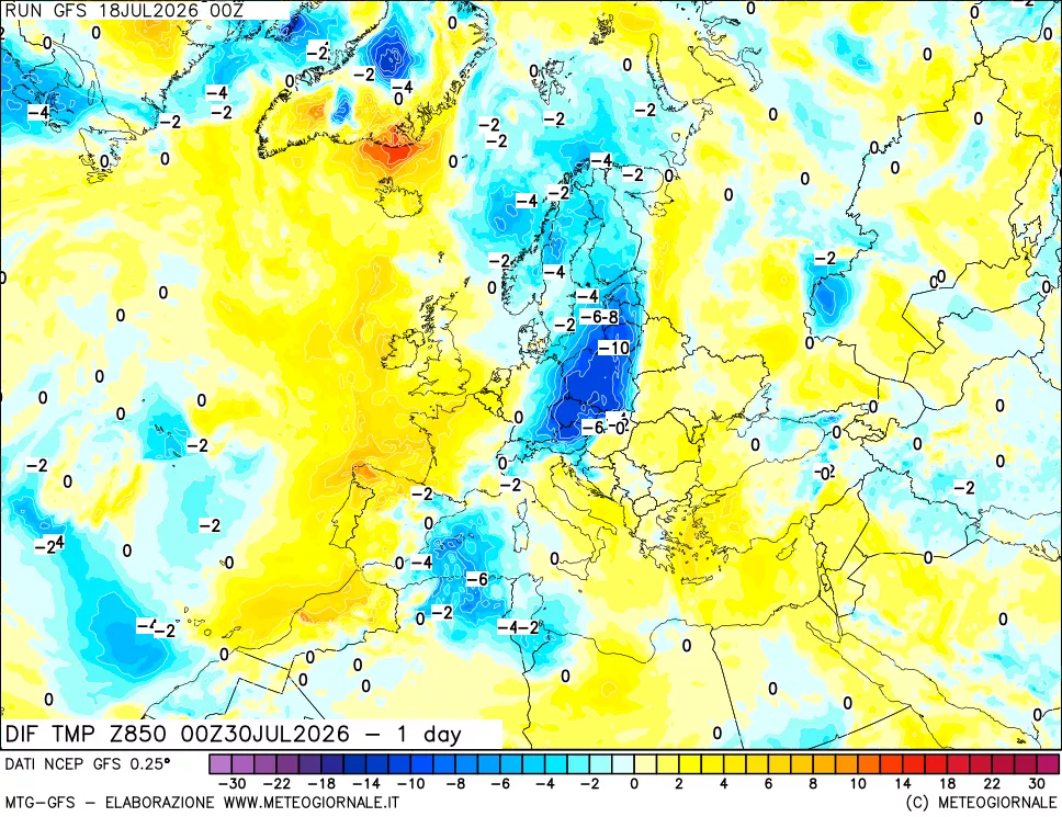 mappa Dif. Temp a 850 hPa Valid - 1 day
