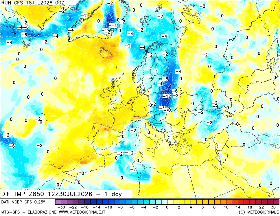 mappa Dif. Temp a 850 hPa Valid - 1 day