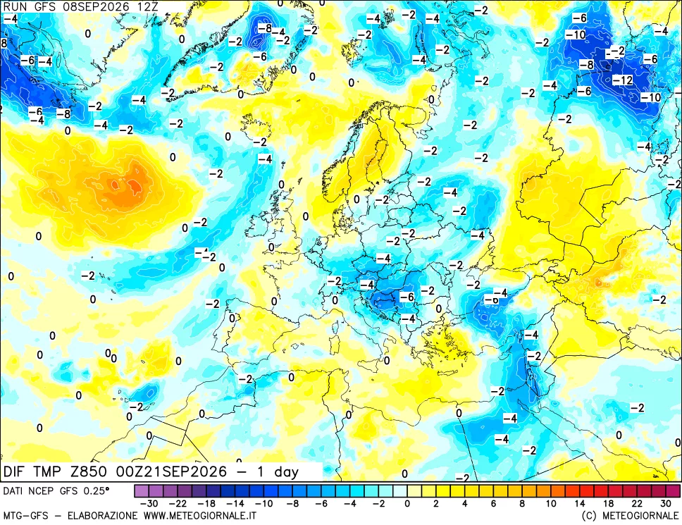mappa Dif. Temp a 850 hPa Valid - 1 day
