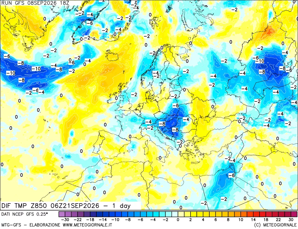 mappa 850 hPA Dif. Temp -24 ore