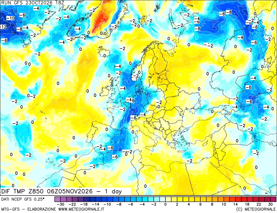 mappa 850 hPA Dif. Temp -24 ore