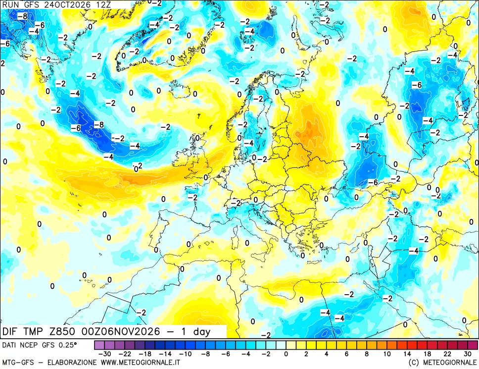 mappa Dif. Temp a 850 hPa Valid - 1 day