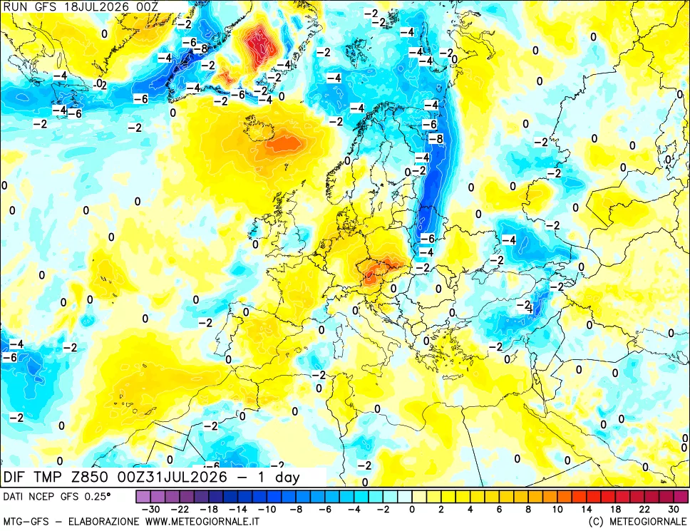mappa Dif. Temp a 850 hPa Valid - 1 day