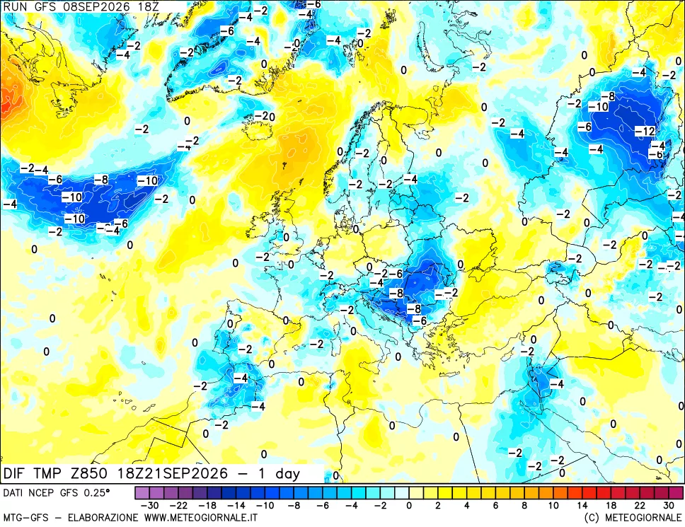 mappa 850 hPA Dif. Temp -24 ore