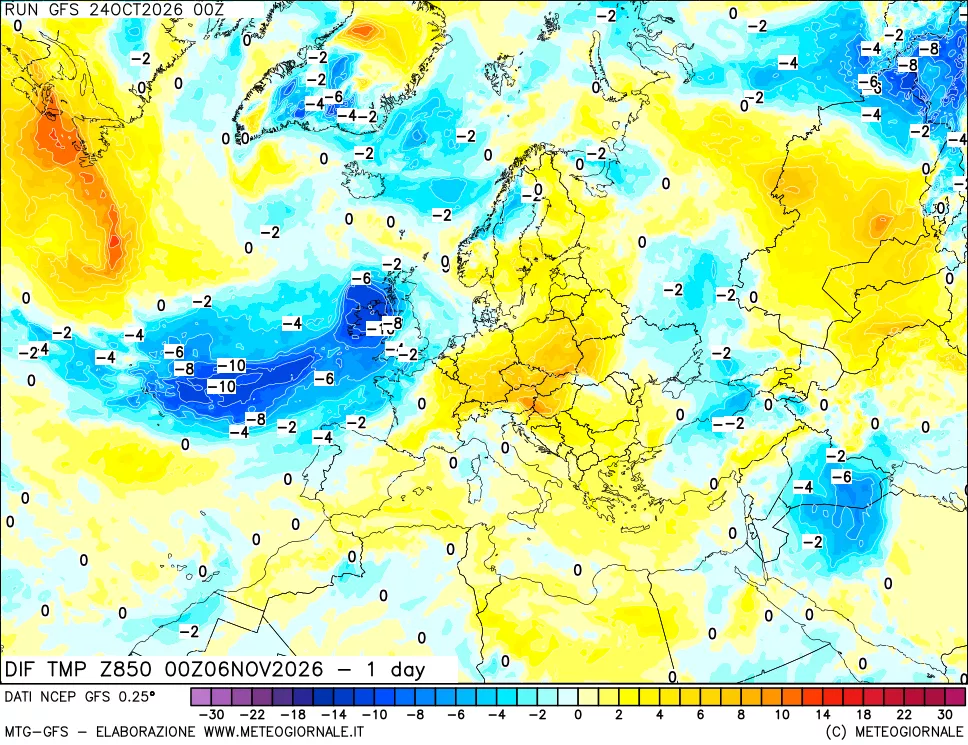 mappa Dif. Temp a 850 hPa Valid - 1 day