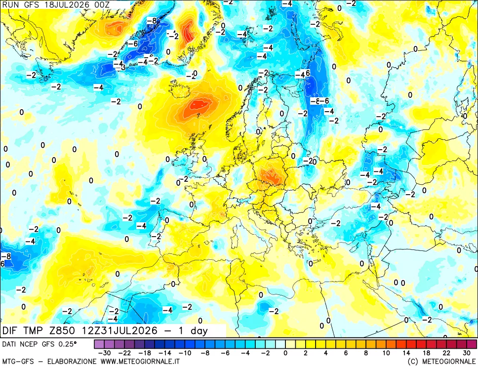 mappa Dif. Temp a 850 hPa Valid - 1 day