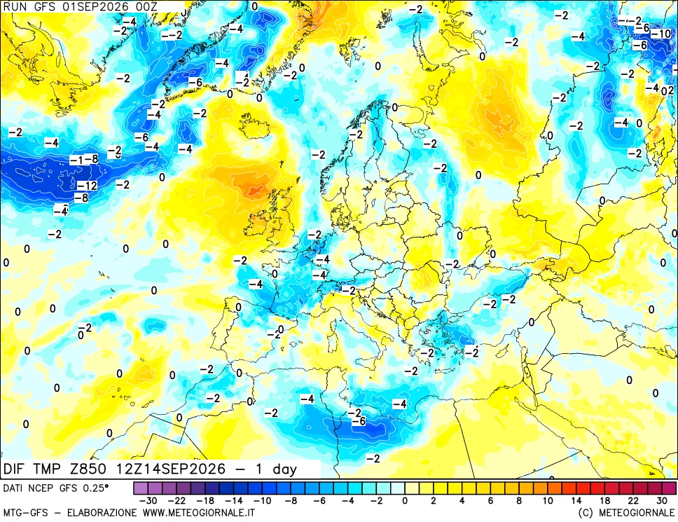 mappa 850 hPA Dif. Temp -24 ore