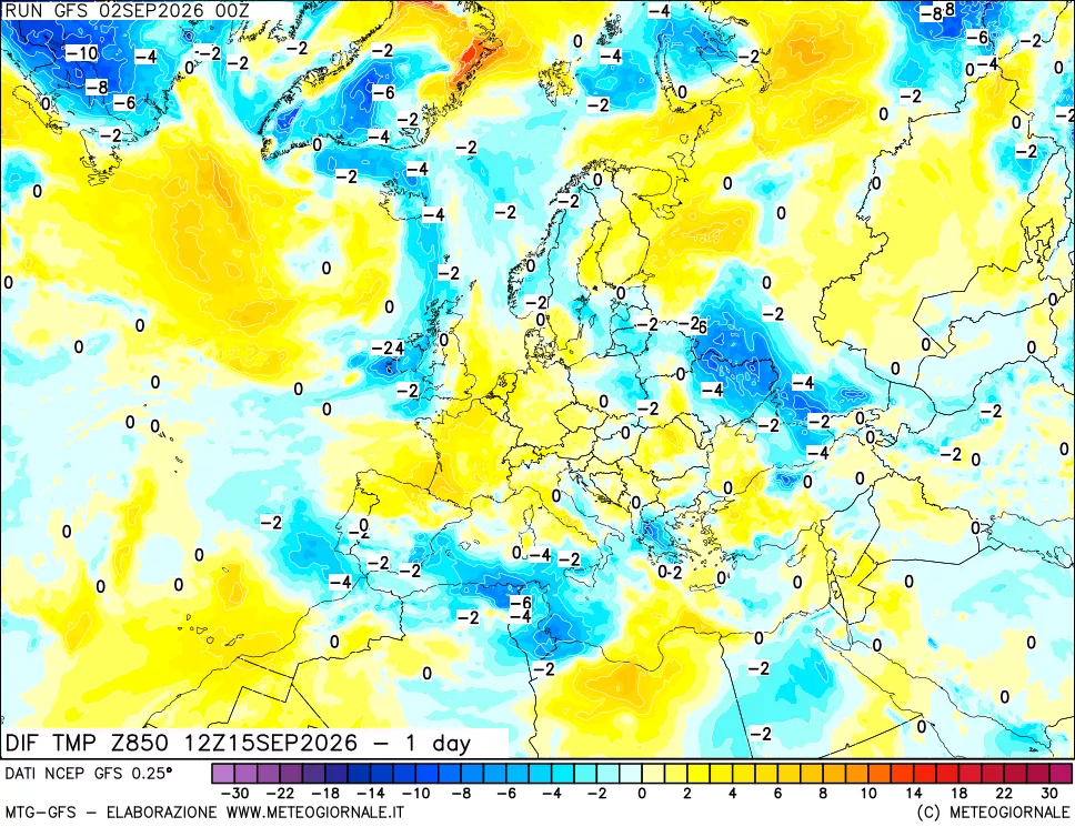mappa Dif. Temp a 850 hPa Valid - 1 day