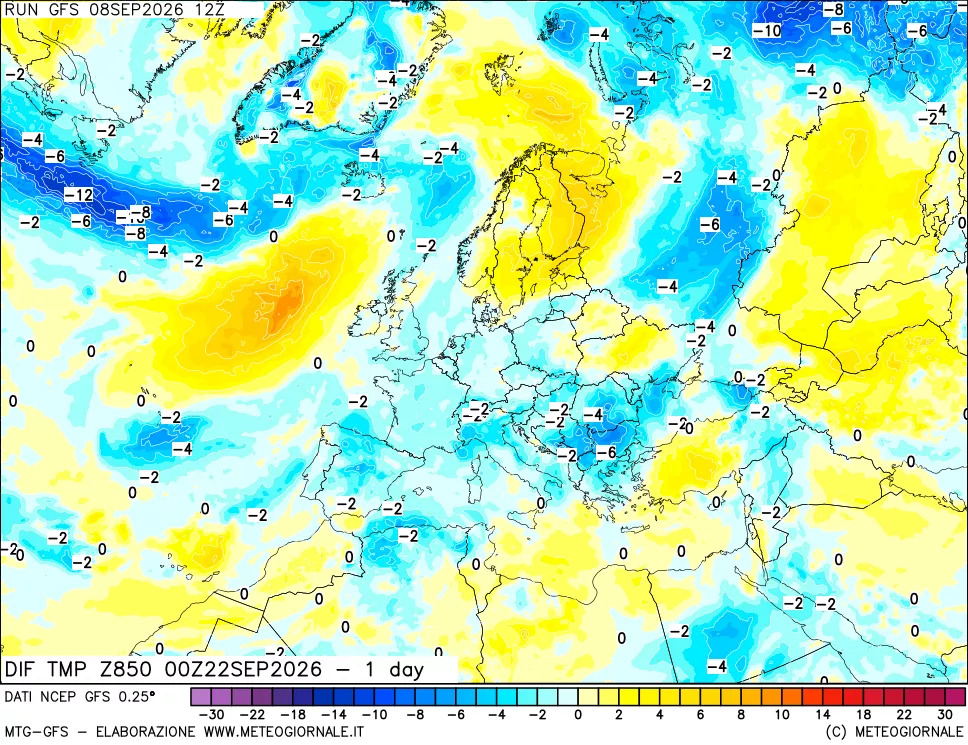 mappa Dif. Temp a 850 hPa Valid - 1 day
