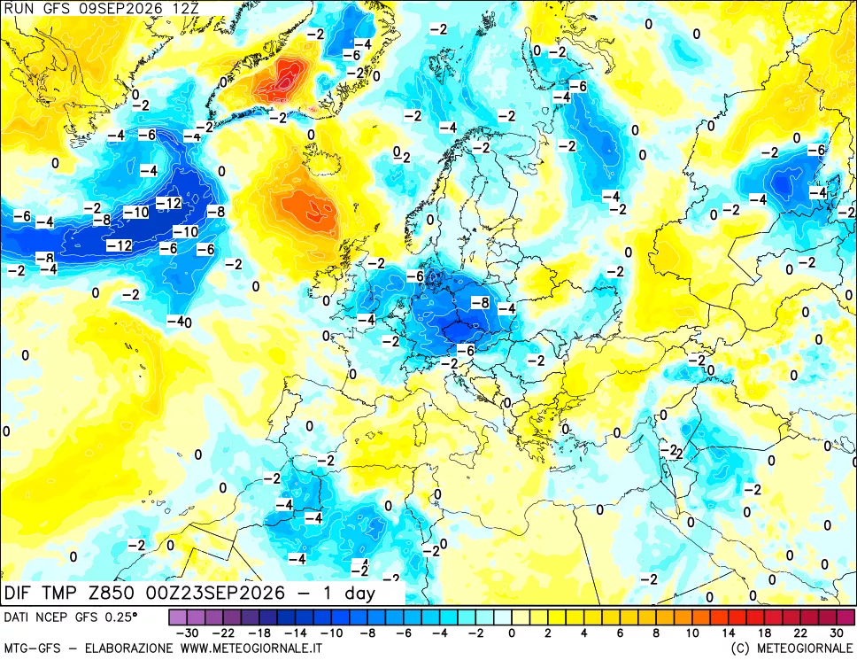 mappa Dif. Temp a 850 hPa Valid - 1 day