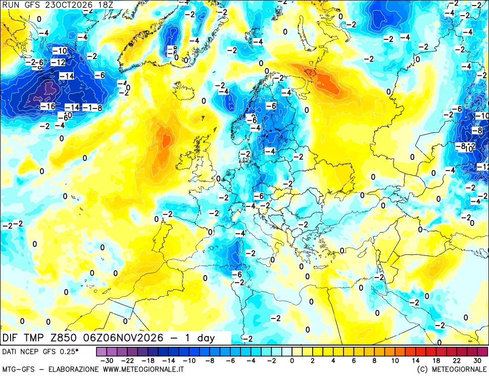 mappa Dif. Temp a 850 hPa Valid - 1 day