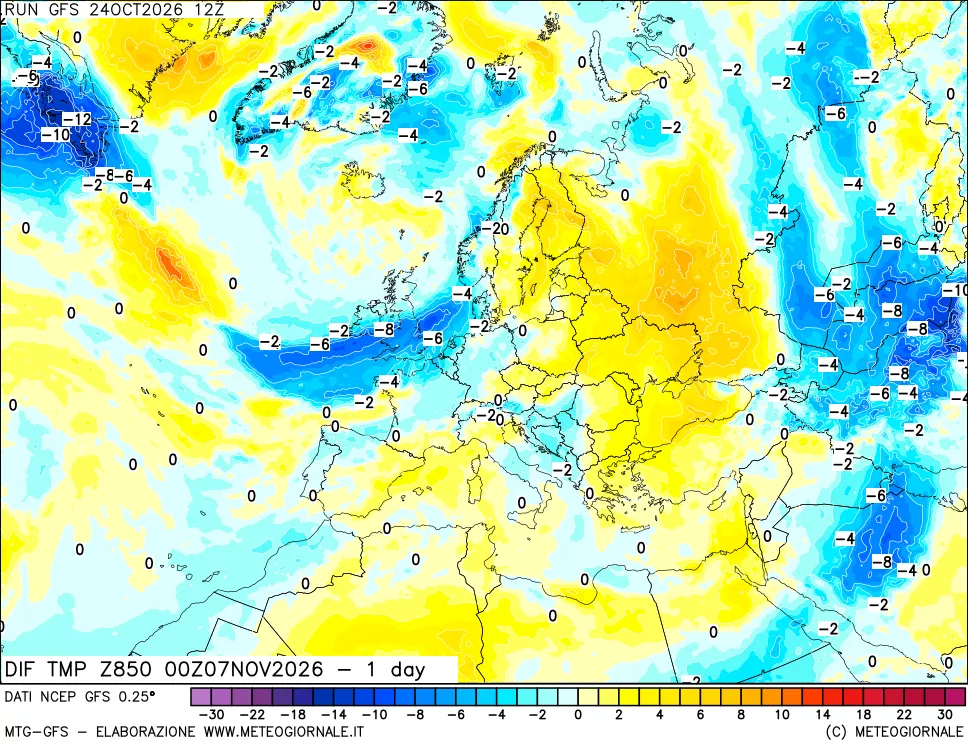mappa 850 hPA Dif. Temp -24 ore