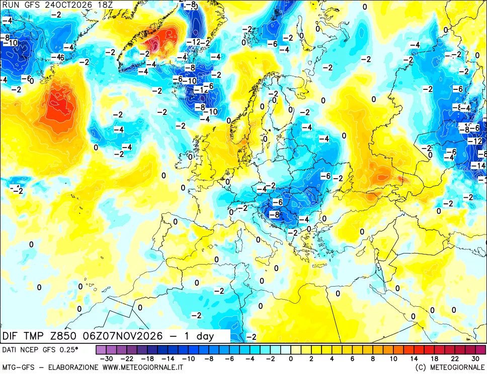 mappa Dif. Temp a 850 hPa Valid - 1 day