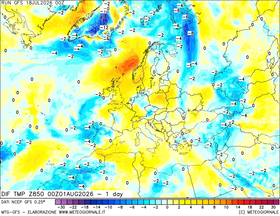 mappa Dif. Temp a 850 hPa Valid - 1 day