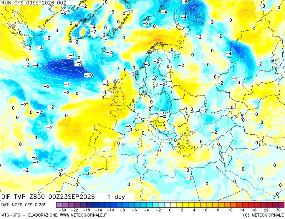 mappa Dif. Temp a 850 hPa Valid - 1 day