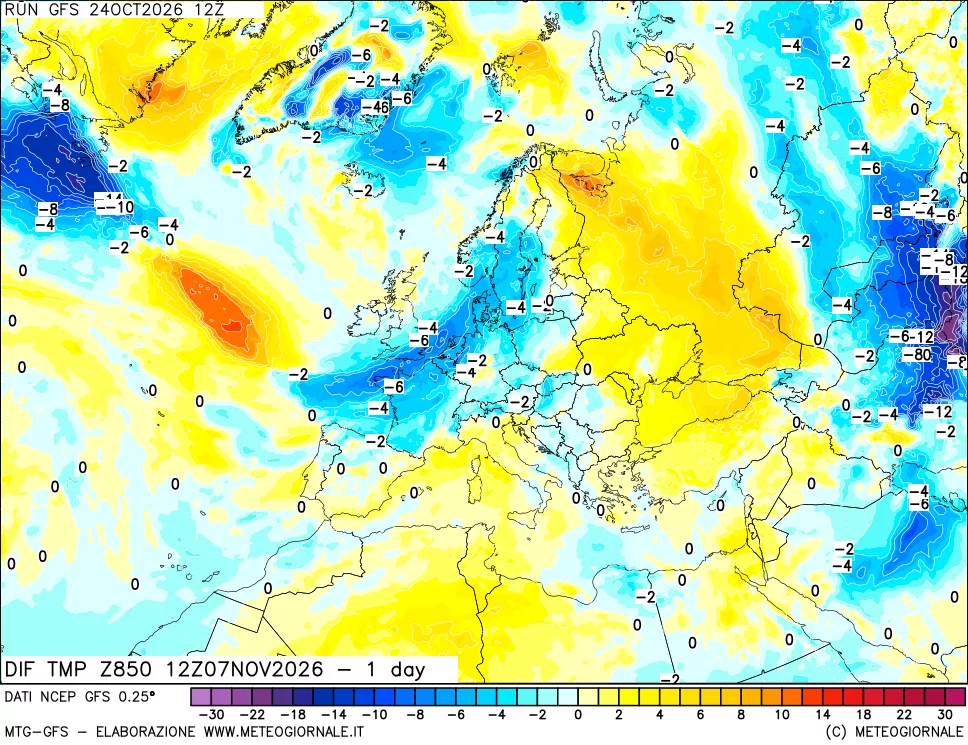 mappa Dif. Temp a 850 hPa Valid - 1 day