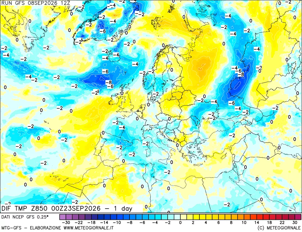 mappa Dif. Temp a 850 hPa Valid - 1 day