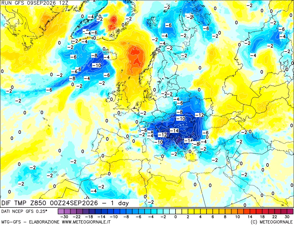 mappa Dif. Temp a 850 hPa Valid - 1 day