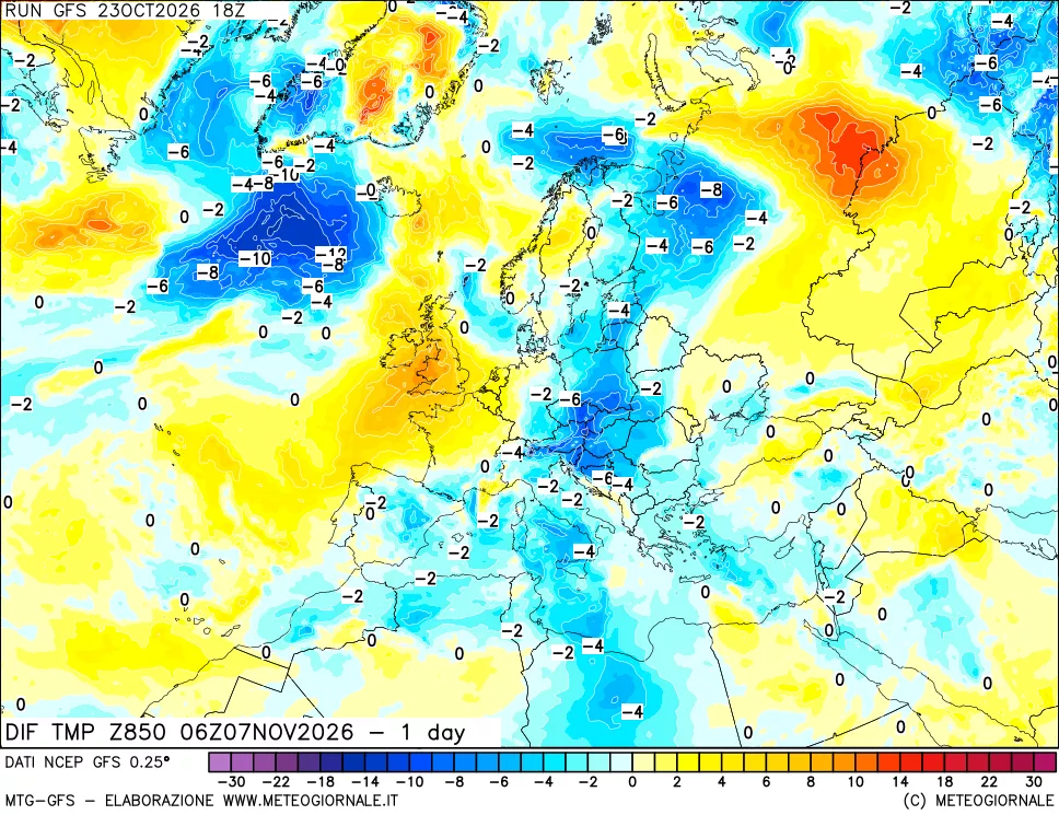 mappa Dif. Temp a 850 hPa Valid - 1 day