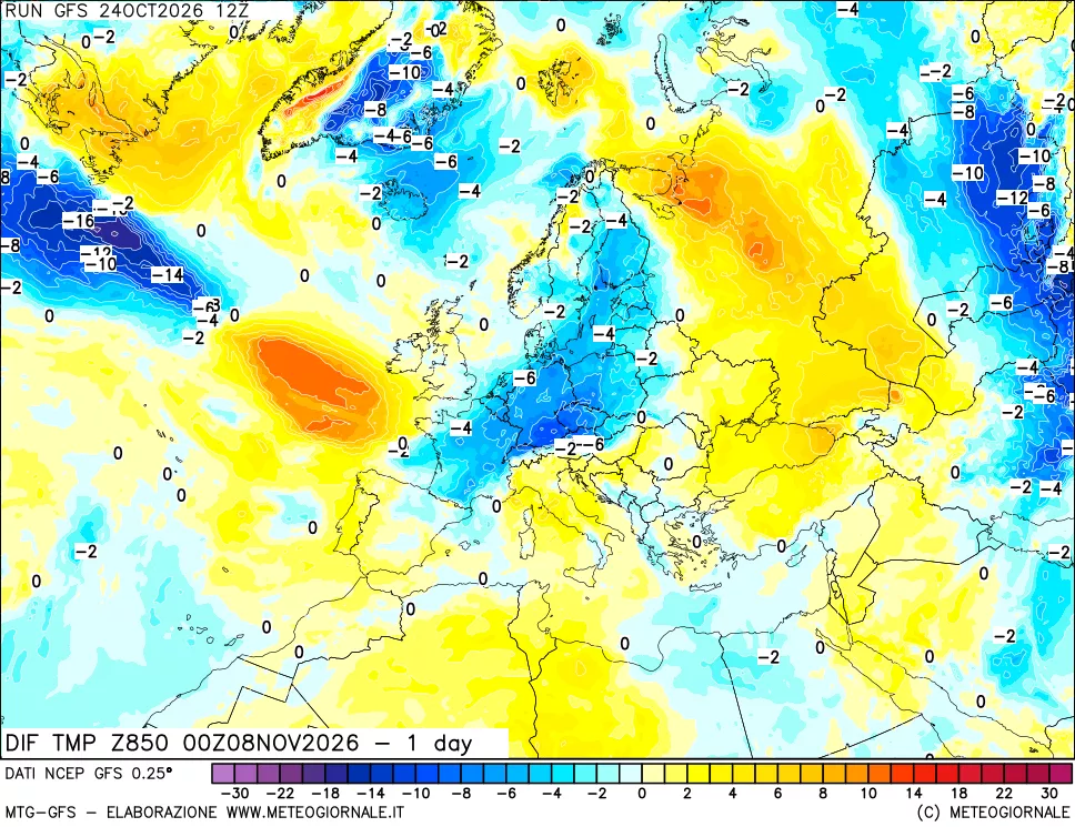 mappa 850 hPA Dif. Temp -24 ore