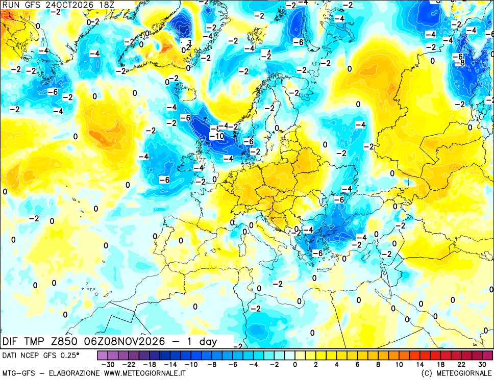mappa Dif. Temp a 850 hPa Valid - 1 day