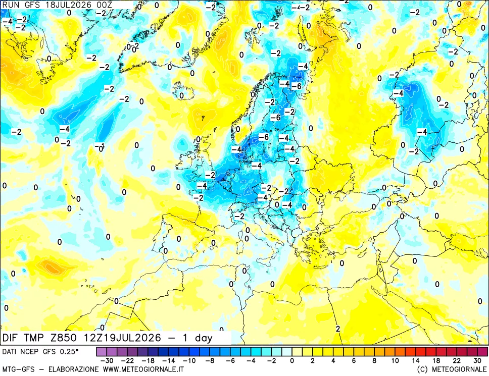 mappa Dif. Temp a 850 hPa Valid - 1 day