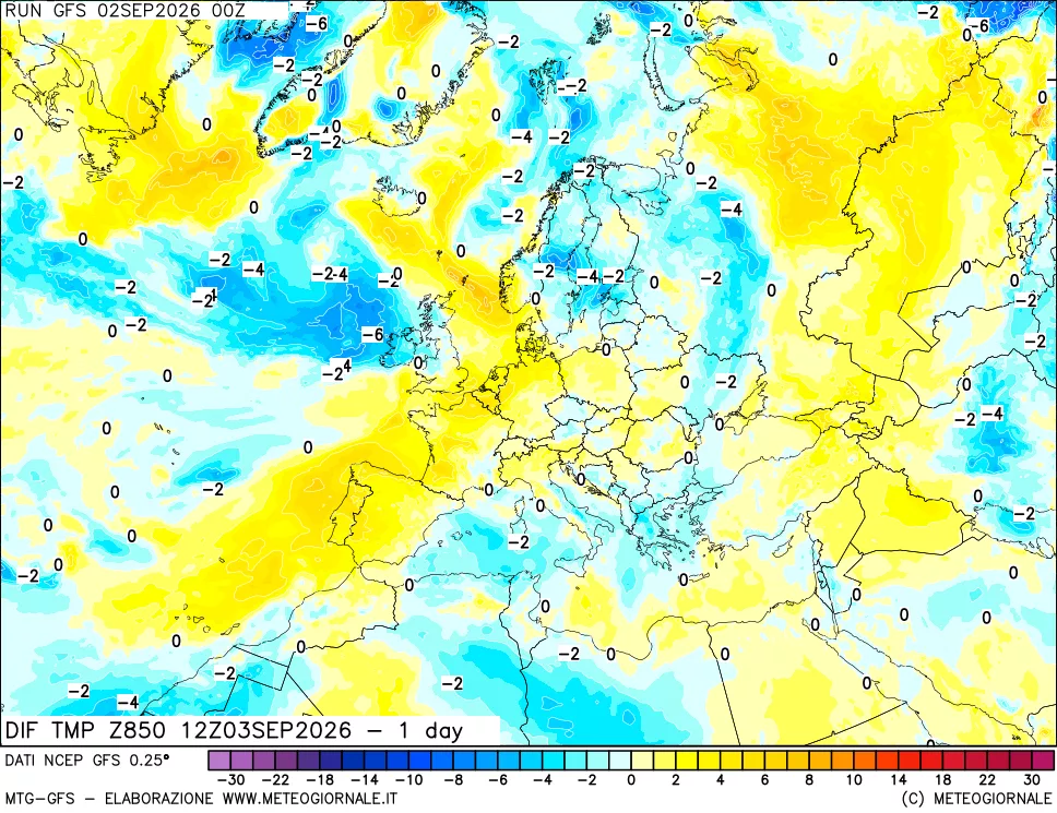 mappa Dif. Temp a 850 hPa Valid - 1 day
