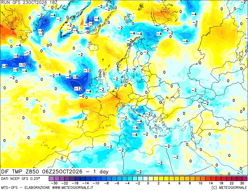 mappa Dif. Temp a 850 hPa Valid - 1 day