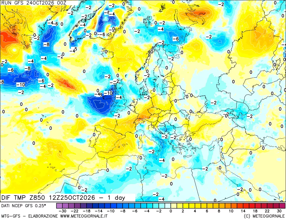 mappa 850 hPA Dif. Temp -24 ore