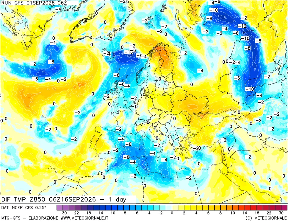 mappa Dif. Temp a 850 hPa Valid - 1 day
