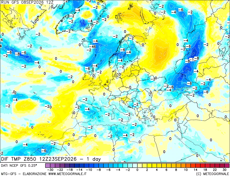 mappa Dif. Temp a 850 hPa Valid - 1 day