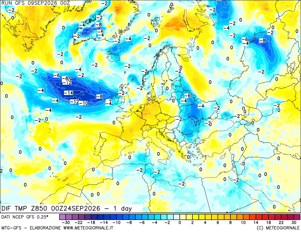 mappa 850 hPA Dif. Temp -24 ore