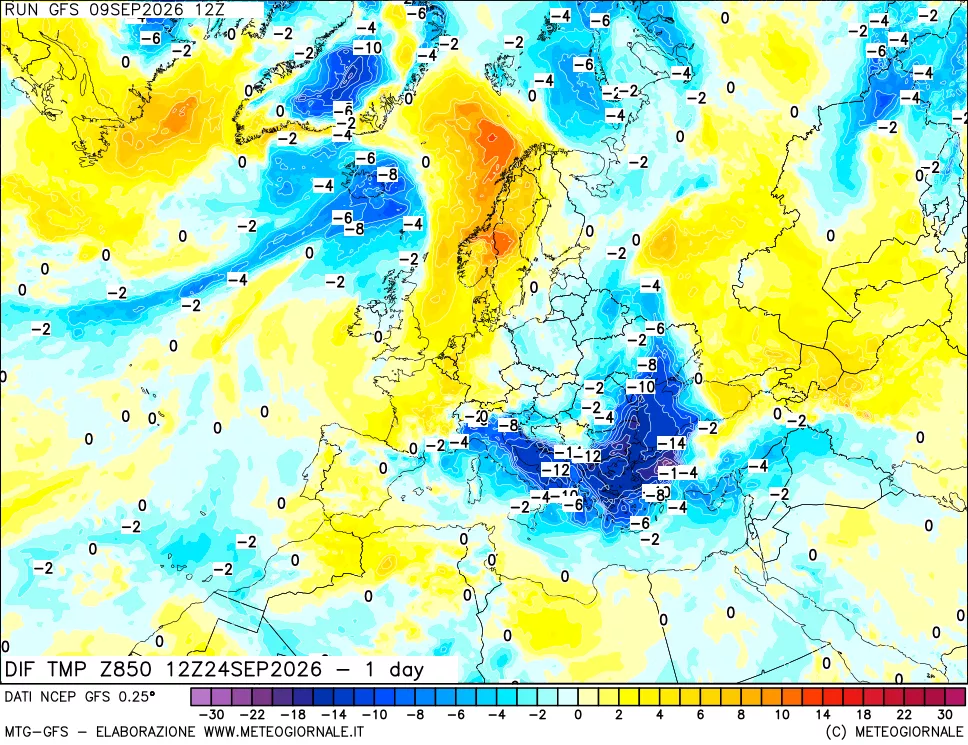 mappa Dif. Temp a 850 hPa Valid - 1 day