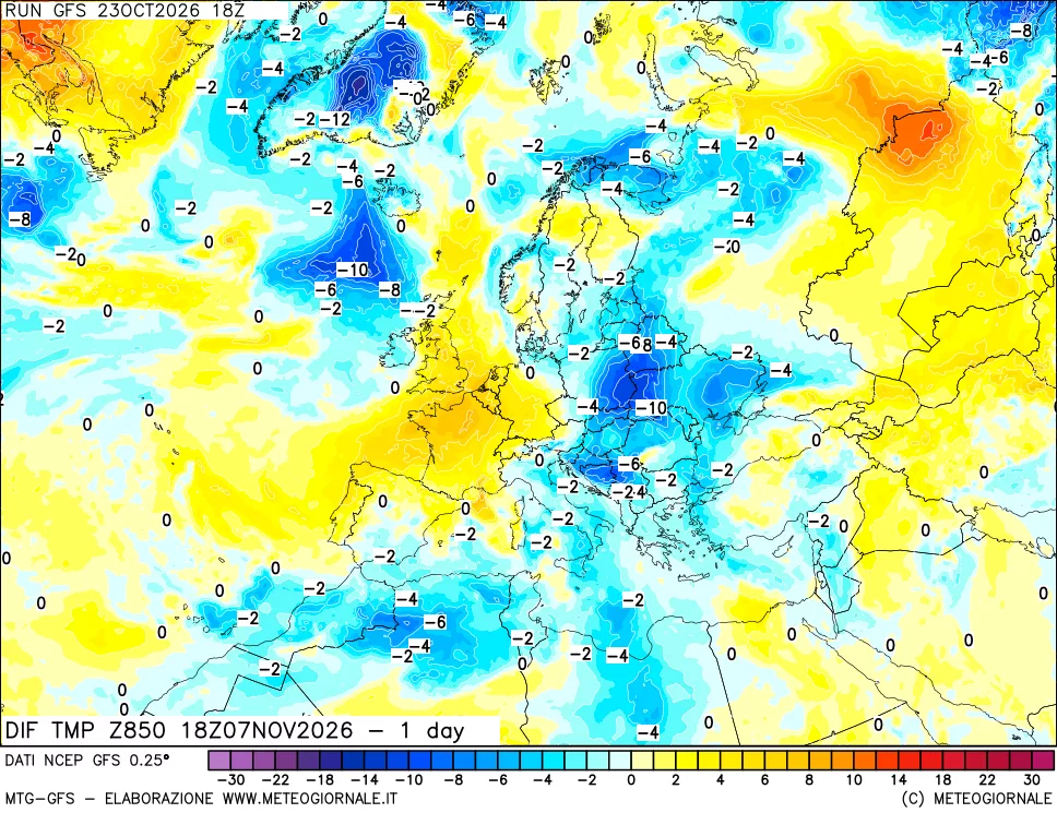 mappa Dif. Temp a 850 hPa Valid - 1 day