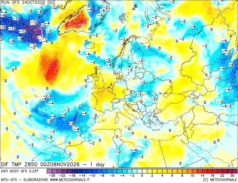 mappa 850 hPA Dif. Temp -24 ore