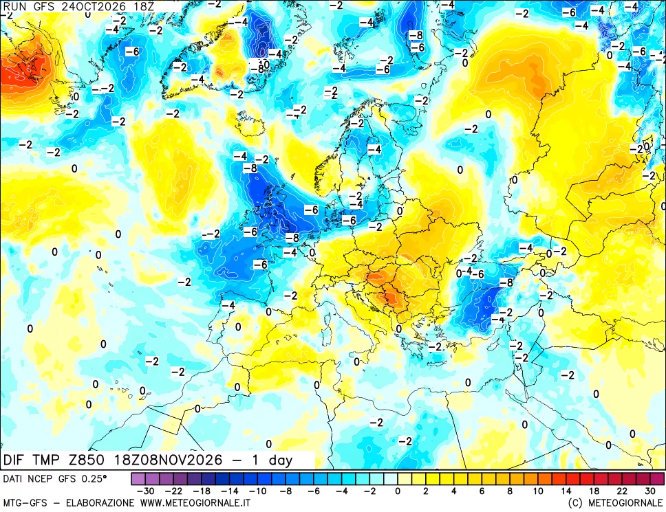 mappa 850 hPA Dif. Temp -24 ore