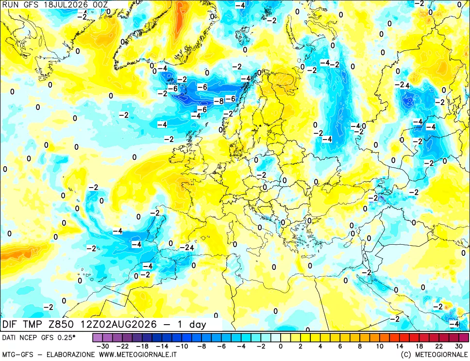 mappa Dif. Temp a 850 hPa Valid - 1 day