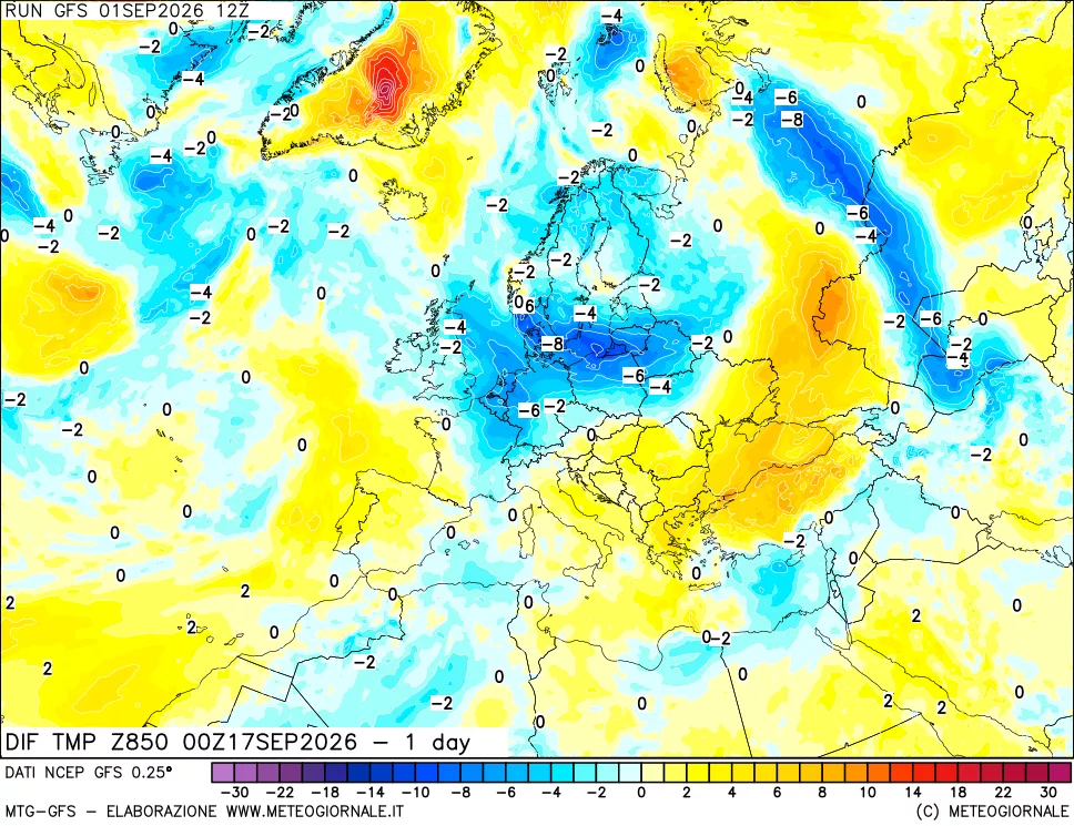 mappa 850 hPA Dif. Temp -24 ore