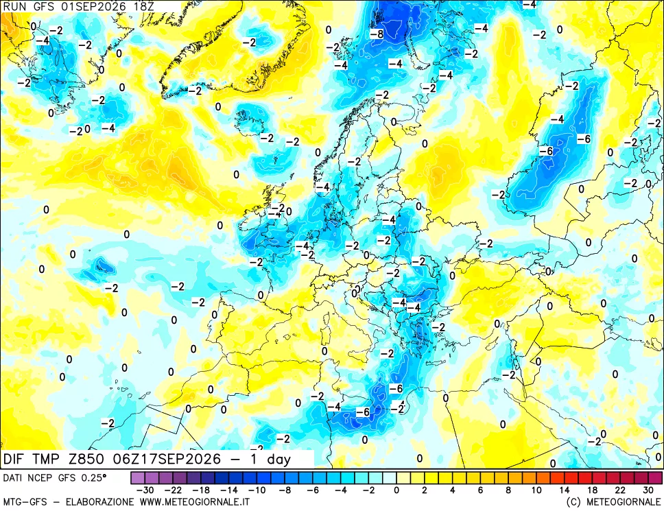 mappa Dif. Temp a 850 hPa Valid - 1 day