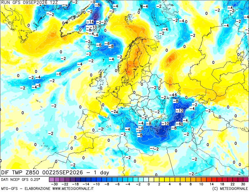 mappa Dif. Temp a 850 hPa Valid - 1 day