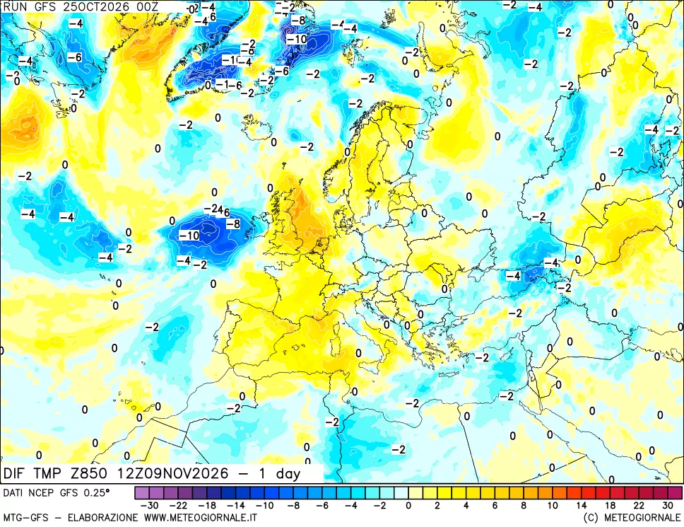 mappa Dif. Temp a 850 hPa Valid - 1 day