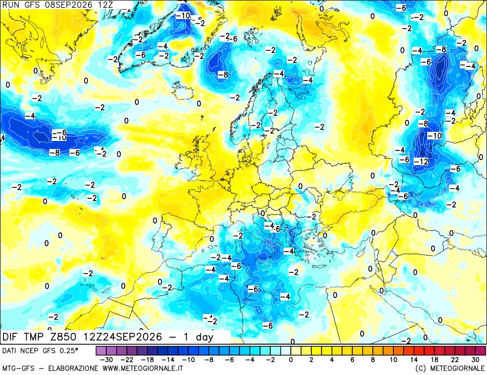 mappa Dif. Temp a 850 hPa Valid - 1 day