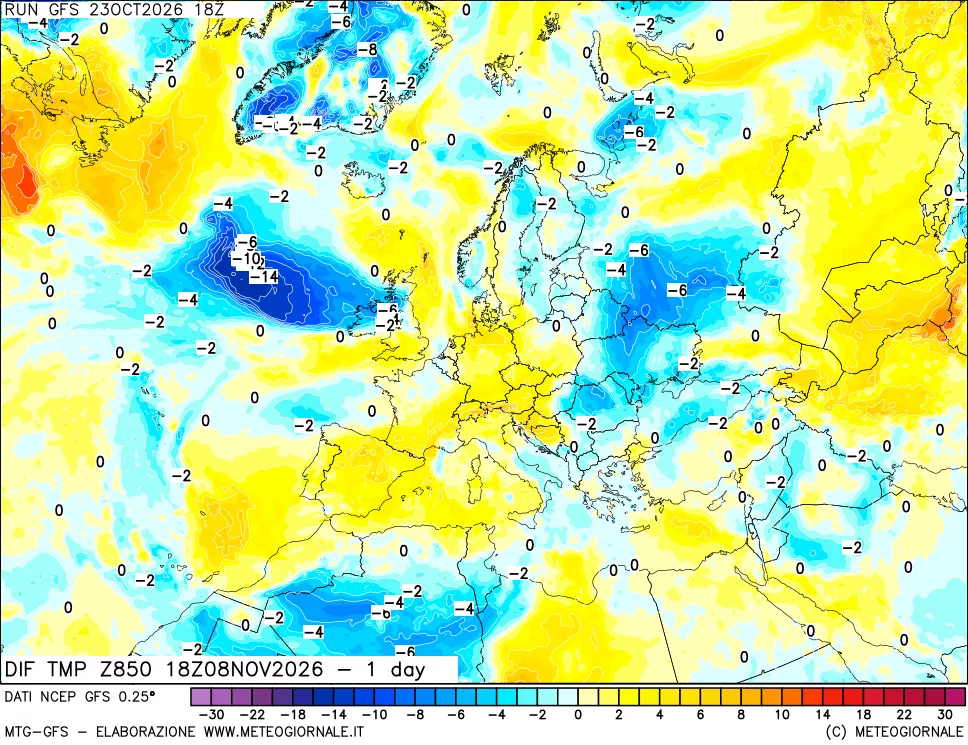 mappa Dif. Temp a 850 hPa Valid - 1 day